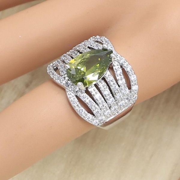

cluster rings geometric 925 silver ring for women water drop olive green zircon jewelry birthday gift color retention, Golden;silver