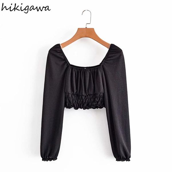 

women's blouses & shirts hikigawa shirt fashion square collar long sleeve solid pleated pullover high street slim elegant blusas, White