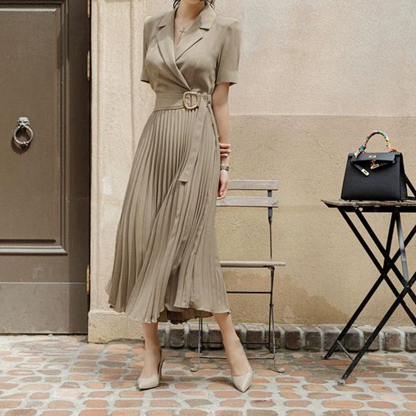 

summer dress women ol elegant short sleeve solid suit collar office ladies professional pleated long dresses 210421, Black;gray