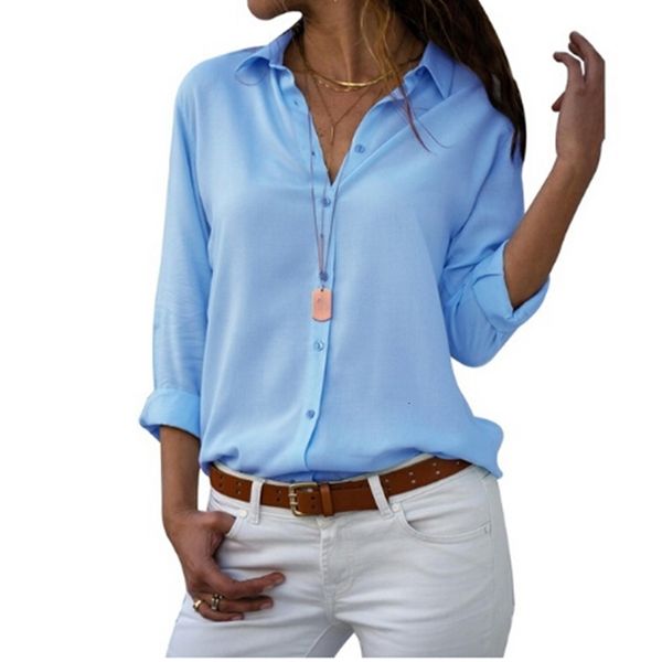 

women's blouses & shirts women deep v-neck chiffon blouse solid long sleeve button autumn office lady elegant blusas plus size, White