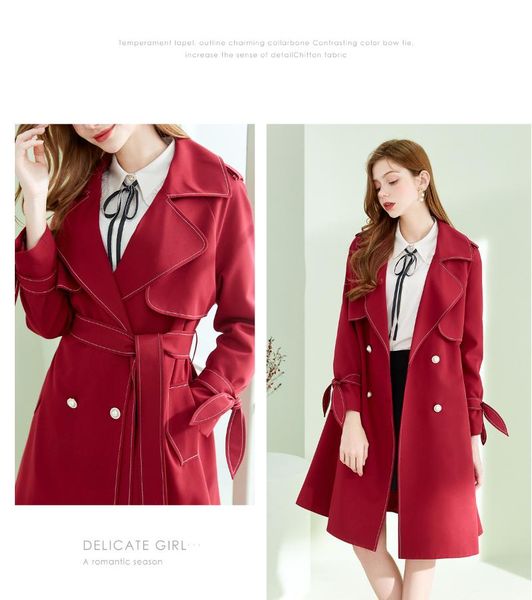 

women's trench coats red windbreaker in spring of 2021, middle and small size, waist down, thin temperament drooping coat, Tan;black