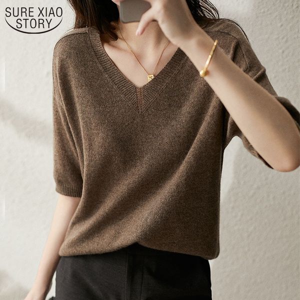 

cashmere shirts fashion short sleeve deep v sweater spring women's blouse summer office female blusas mujer 13888 210508, White