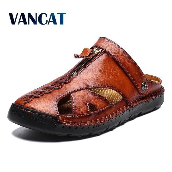 

sandals genuine leather men's summer soft shoes beach slippers big size 38-48, Black