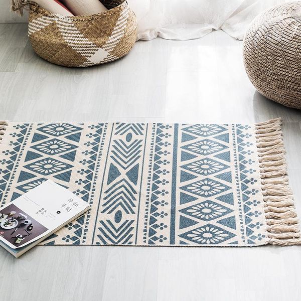 

carpets floor pads vintage natural handmade cotton tassel rug non slip anti-fall dust-proof washable home 60 * 90cm+20cm fringe