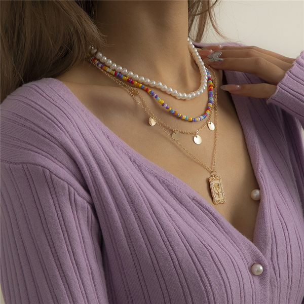

bohemian imitation pearl beaded necklaces europe relief rose square brand chain women colorful rice bead round piece multi layer pendant nec, Silver