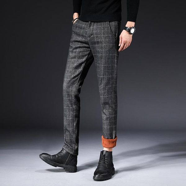 

men's suits & blazers plaid fleece warm formal winter dress pants velvet business suit men cotton slim elastic trousers for, White;black