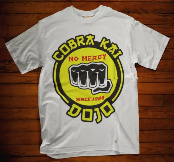 

karate kid cobra kai t-shirt movie retro dojo no mercy fist fight tee, White;black