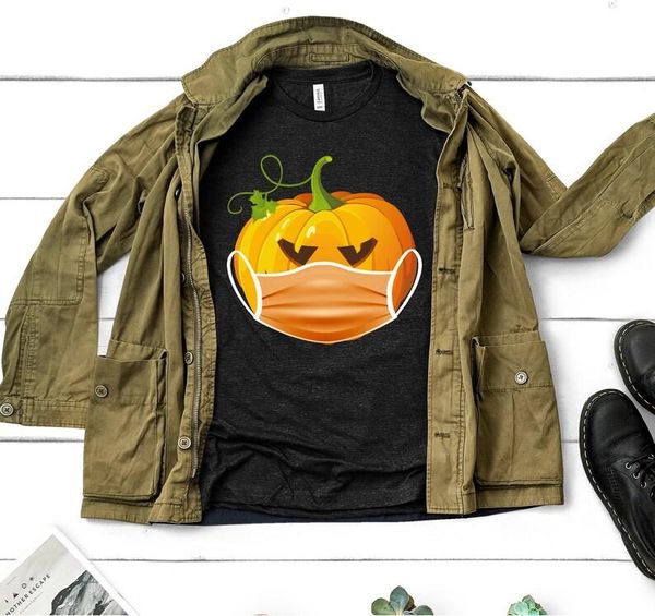 

men's t-shirts halloween pumkin mask shirt, social distancing quarantined pumpkin spice shirt, White;black