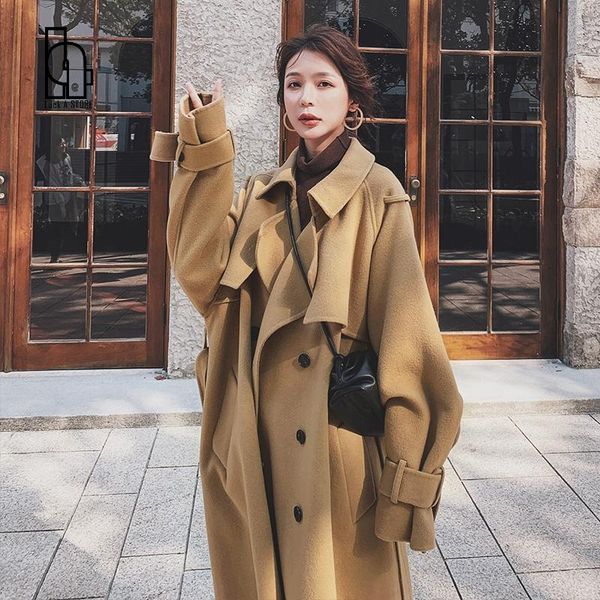 

women's trench coats women autumn winter oversize long wool coat jacket sashes 2021 double breasted woolen overcoat cloak casual outwea, Tan;black
