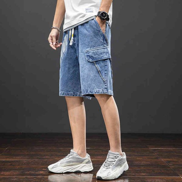 

jeans 2021 summer big pockets print men jeans short cargo pants casual baggy denim shorts plus size 6xl 7xl 8xl, Blue