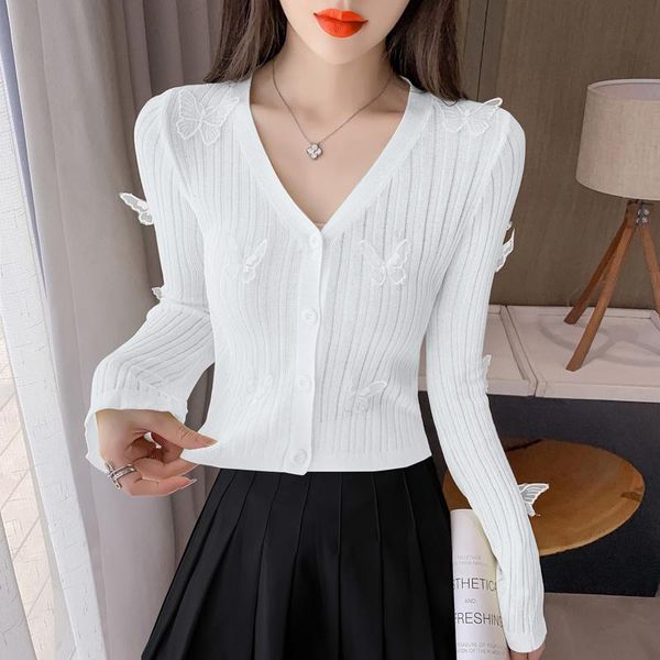 

women's knits & tees #6666 white yellow blue v-neck thin knitted women cardigan femme slim cotton short sweater single breasted