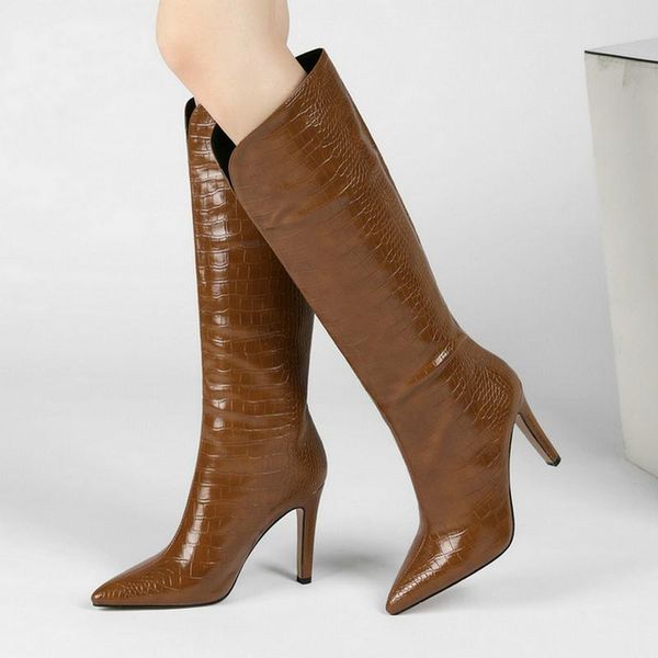 

boots faux leather brand design women knee high fashion pointed toe thin heel calf short plush fall winter shoes, Black