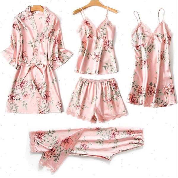 

blue floral pajamas set satin women sleepwear 5pcs sleep spring summer pyjamas suit v neck nightwear home clothes, Black;red