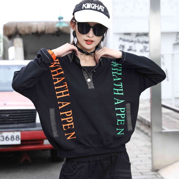 

hoodies women's hoodie autumn korean street fashion print stitching loose large size long-sleeved lapel sweater, Black