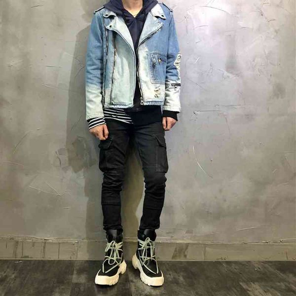 

men's jackets high street fashion men ripped denim punk coats retro light blue destroyed hip hop biker chaqueta hombre, Black;brown