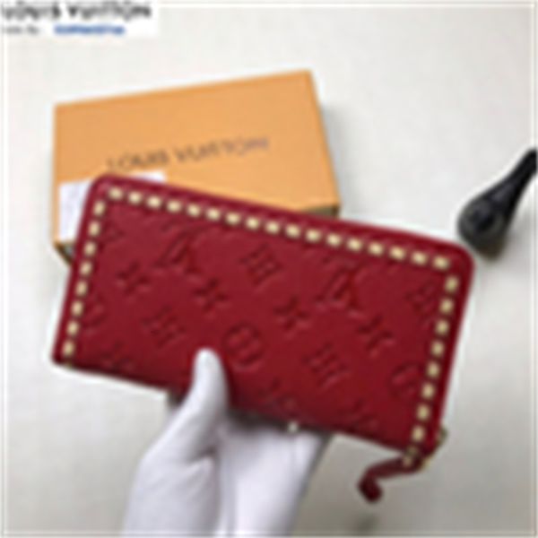 

wallets brand leather designer evening luxury wallet m64869 purse matte embossed long zip chain wallet compact red clutches men real key car, Red;black