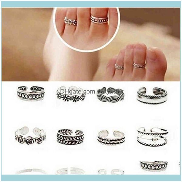 

cluster jewelry12pcs rings lady unique adjustable opening finger retro carved toe foot beach jewelry drop delivery 2021 9mefb, Golden;silver