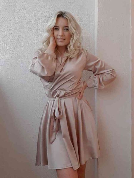 

dresses v-neck satin mini a line sashes autumn spring party lantern sleeve vintage elegant trendy women dress, Black;gray