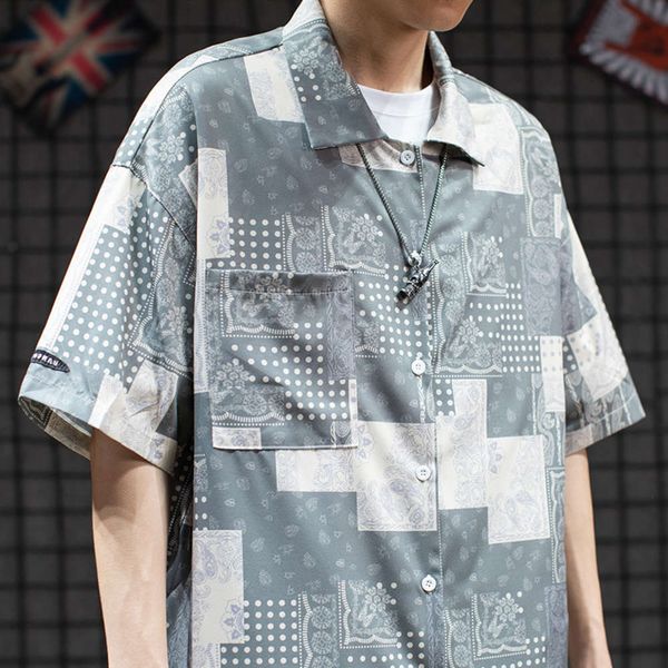 

men's shirt ins hip hop cashew flower color matching short men's fashion brand loose and versatile casual half sleeve shirt, White;black