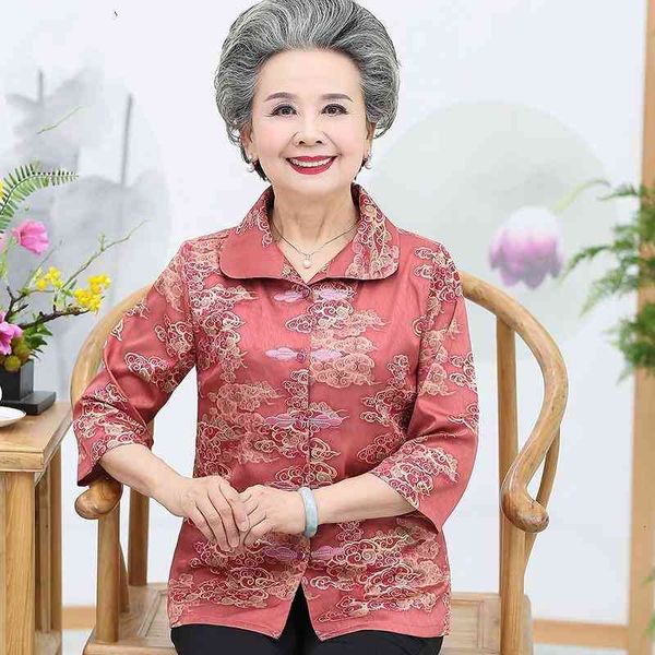 

women's blouses & large size elderly women cardigan shirts spring summer three quarter sleeves chiffon silk print blusa grandmother bl, White