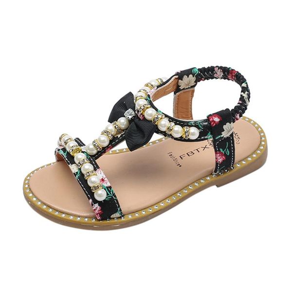 

kids baby girls bowknot pearl crystal roman sandals princess party summer fashion floral flat shoes w0429, Black;red