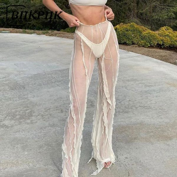 

women's leggings biikpiik see through women long pants female casual all-match trousers mesh rework party clubwear solid elegant clothe, Black