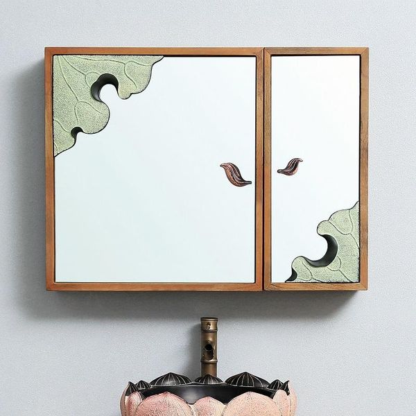 

mirrors chinese style bathroom mirror cabinet wall-mounted with shelf wash basin solid wood storage lotus