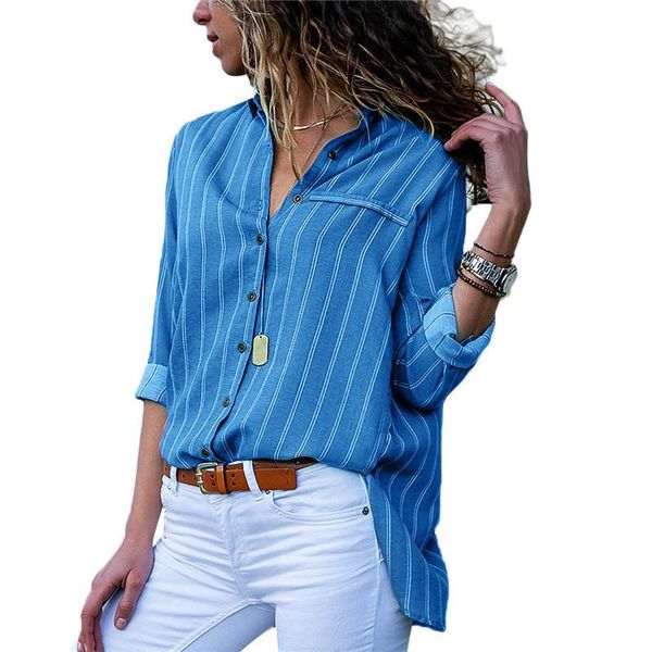 

women's blouses & shirts 2021 summer fall women striped button and casual long sleeve blouse office ladies shirt plus size 3xl, White