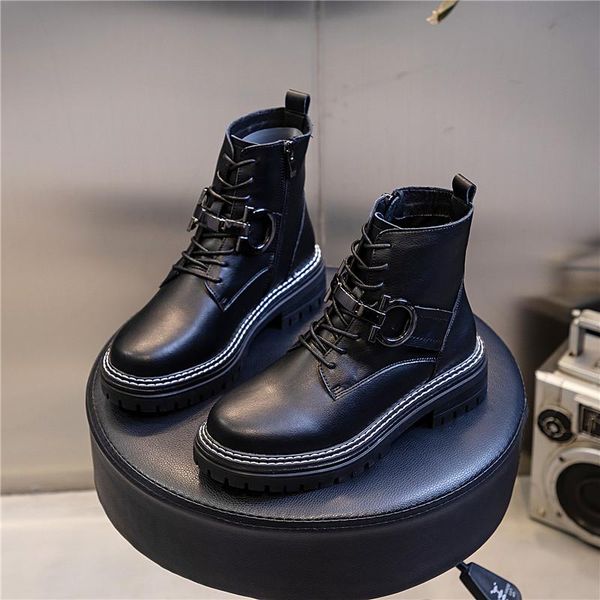 

boots yiluan winter women 2021 autumn style wild casual short woman platform thicken non-slip zip girl leather shoes, Black