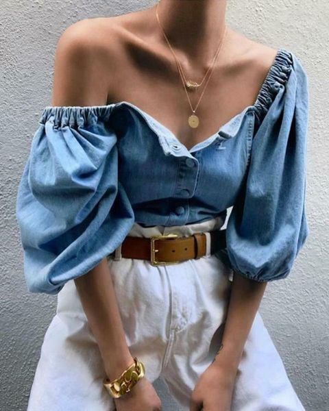 

fashion women off shoulder puff sleeve blouse 3/4 ladies blue denim loose shirt women's blouses & shirts, White