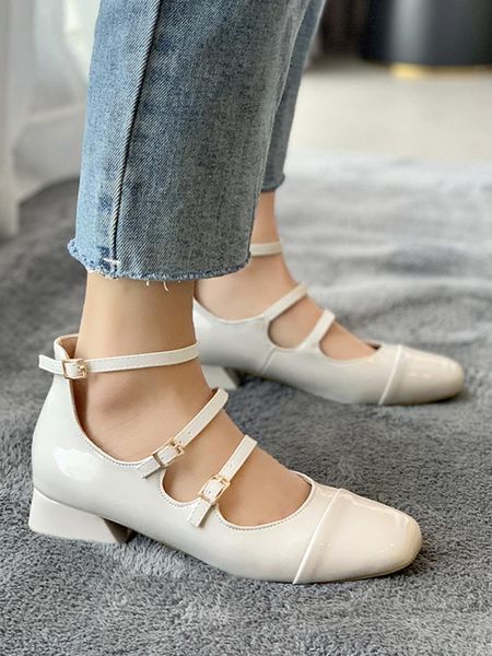 

dress shoes 2021 mary janes red white leather women sandals sqaure heels closed toe fashion wedding party buckle design woman pumps, Black