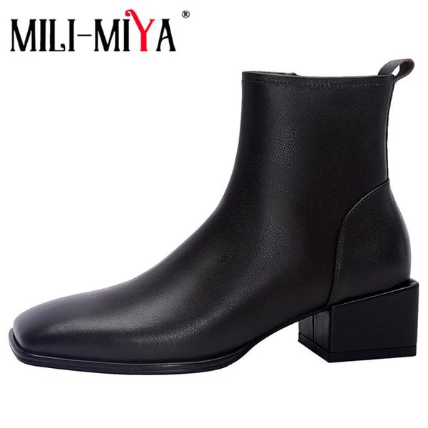 

boots mili-miya genuine leather autumn winter ankle fashion zipper thick heel elegant square toe daily wild shoes, Black