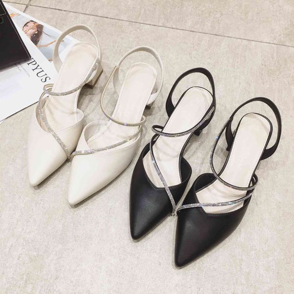 

sandals summer baotou sandals women's semi-high heeled all-match fairy pointed chunky heel high heels crystal fashion shoes, Black