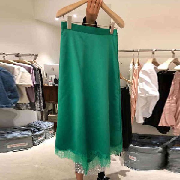 

spring elegant lace patchwork green woman skirts korean fashion irregular faldas mujer summer high waist femme jupe 210514, Black