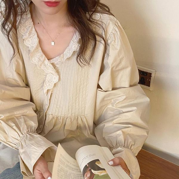 

women's blouses & shirts pinkou women sweet ruffled blouse long flare sleeve beige female basic summer autumn cute fashion la88, White