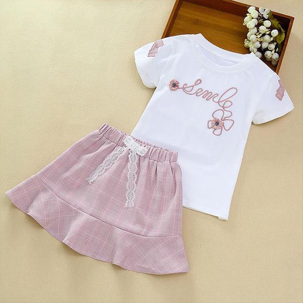

girls clothes set summer white shirt retro plaid skirt 2 pieces sets kids teenage childrens costume