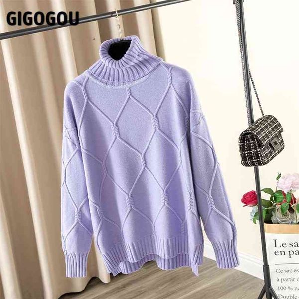 GIGOGOU CHIC Viola Argyle Maglione oversize Donna Inverno Dolcevita Allentato Lungo Pullover Maglioni Streetwear Capispalla caldo 210914