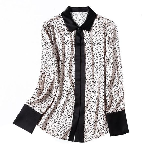 

european and american women's clothing spring 2021 long sleeve lapel fashion stitching print silk shirt kjzl, White