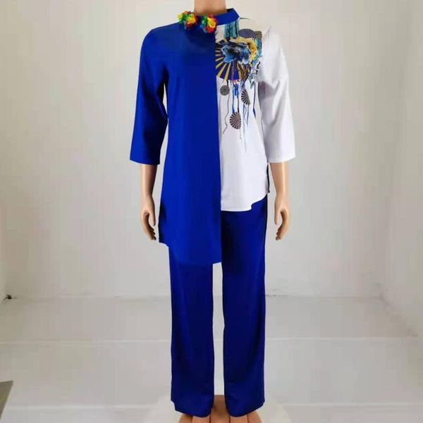 

women's two piece pants 2 set women flower print long sleeve blouse and pant suits sheath matching fashion outfit 2022 spring autumn, White