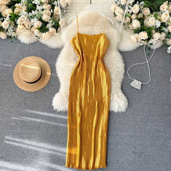 

dresses croysier sleeveless summer women spaghetti strap shimmer satin elegant party es ladies slim pleated midi, Black;gray
