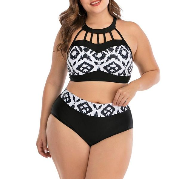 

one-piece suits g6de women plus size 2 piece bikini set halter hollow out strappy push up swimsuit high waist leopard rhombus print bathing