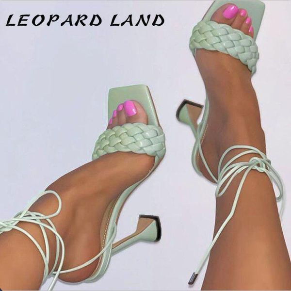 

dress shoes leopard land 2021 women's square toe sandals woven roman lace-up high heels head wine cup heel zl-502-3, Black