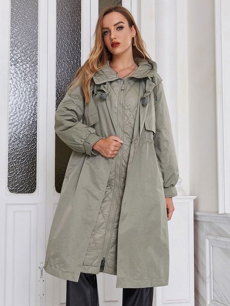

ziai zip up drawstring waist hooded 2 in 1 winter coat a27t#, Black