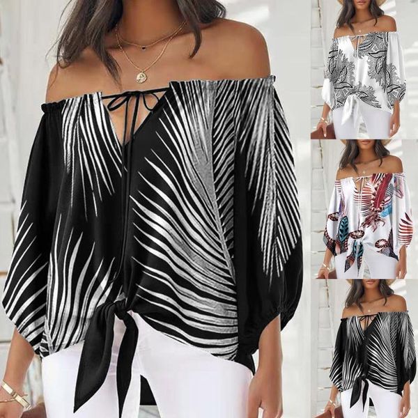 

women's blouses & shirts feitong one-line shoulder straps blouse womens fashion print long sleeve casual loose and, White