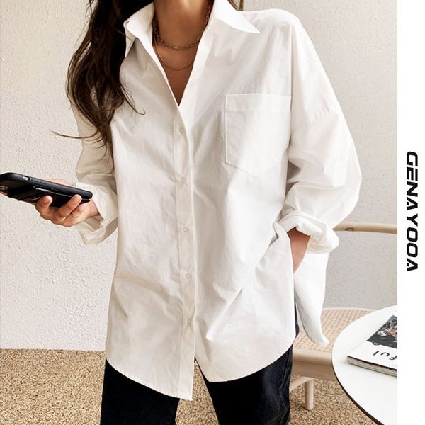

genayooa spring autumn women shirts white plain oversized blouses female loose bf korean style blusas pockets 210417