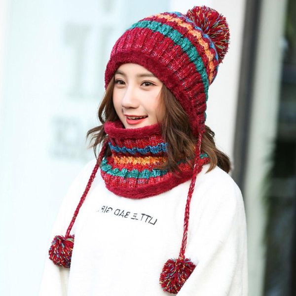 

2pcs women knitted wool scarf and beanie hat hair ball cap set warm winter scarves edf88 outdoor hats, Black;white