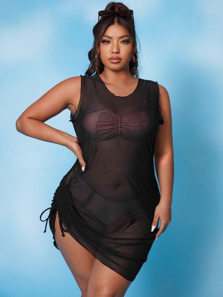 

plus plain drawstring cover up 55tb#, Black