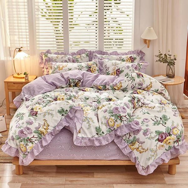 

bedding sets peony floral girls duvet cover set soft cotton brushed farmhouse chic blossom ruffle 3/4pcs fitted sheet pillowcase