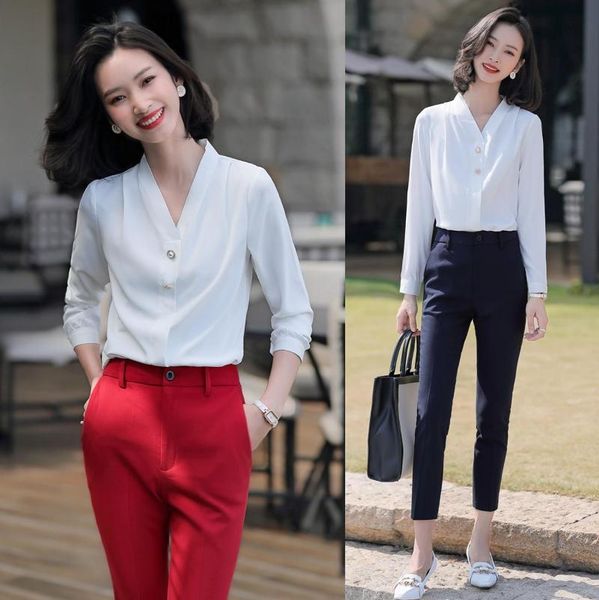 

women's blouses & shirts pantsuits women long sleeve office ladies 2 piece pant and sets white ol styles
