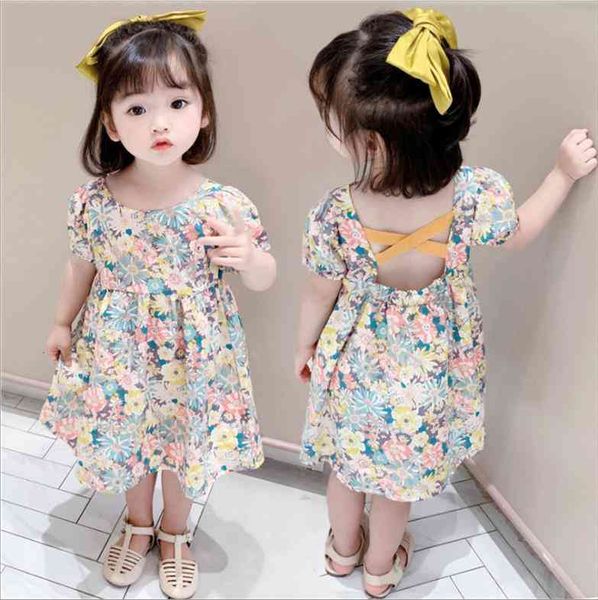 

little baby girl short-sleeved dresses with flower print, cross strap decoration back cool hollow design a-line summer clothing, Red;yellow
